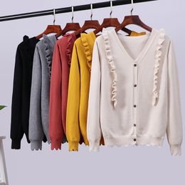 Sweet Ruffles Knitted Cardigans Sweater Women Autumn Winter V-neck Single Breasted Thick Solid 210520