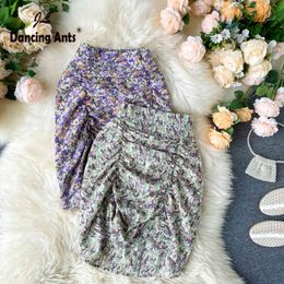 Woman Skirt Vintage Floral-Printed High Waist Sexy Skirt Skinny Elastic Waist Pleated Slim Female OL Skirts 2020 Summer Fashion X0428