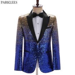 Royal Blue Sequin Glitter Suits Blazer Men Fashion Collar One Button Mens Blazers Stage Party Prom Singer Costume 210522