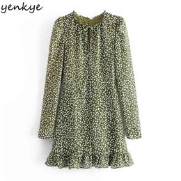 Vintage Women Polka Dot Long Sleeve Lace Up V Neck A-line Mini Hem Ruffle Chiffon Dress Lady Elegant Summer Robe 210514