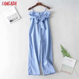 Tangada Women Blue Striped Print Jumpsuit with Slash Sleeveless Backless Bow Female Casual Jumpsuit JA83 210609