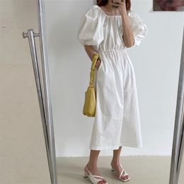 Cute Lantern Sleeves White Robe Sweet Elegant Brief Dress Vestidos Summer Slash Neck Solid Long Dresses 16W74201 210510