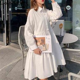 Colorfaith New Women Spring Shirt Dresses Casual Loose High Waist Fashionable Irregular Pleated Wild White Dress DR1170 210409