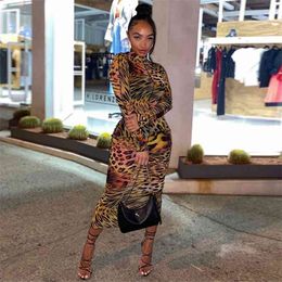 Women Pencil Dress Leopard Print Long Sleeve Bag Hip Sheath Slim Fit Turtleneck Elegant Ladies Fashion Streetwear 210522
