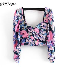 Fashion Women Multicolor Floral Print Crop Top Female Sexy Backless Long Sleeve Summer Blouse Chic Tops 210514