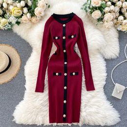 Autumn new design women's o-neck long sleeve single breasted knitted knee length pencil dress color block vestidos