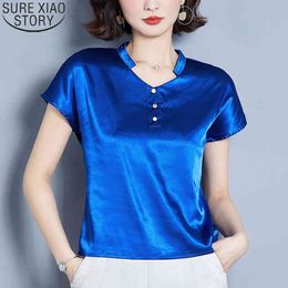 Silk Stain Women Blouse Fashion Summer Short Sleeve Solid Korean Office Lady Plus Size Loose V-neck Shirt Blusas Tops 10163 210417