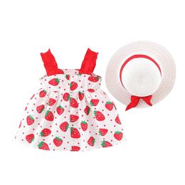 Summer Baby Girls Pokla Dot Dresses Toddler Baby Girls Suspender Strawberry Print Princess Dress+Hat Children Clothes Outfit Q0716