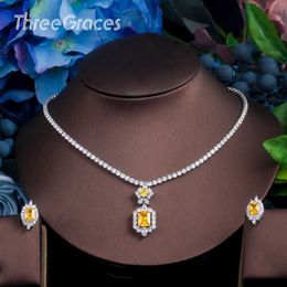 ThreeGraces Trendy Sparkling Yellow Square Cubic Zirconia Crystal Necklace Earrings Sets for Bridal Wedding Jewellery TZ526 H1022