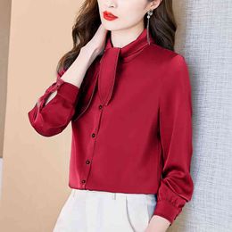 Korean Women Silk Blouses Woman Satin Bow Shirts Embroidery Top Plus Size Long Sleeve 210427