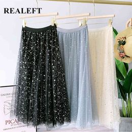 Elegant Star Sequined Printed Mesh Women Long Skirt High Waist Harajuku Umbrella Female Party A-Line Spring Summer 210428