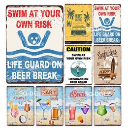 Funny Designed Beach Warning Slogan License Plate Beach Bar Wall Decor Caution Tin Sign Vintage Surfing Metal Sign Painting Plaques Seaside wall decor Painting