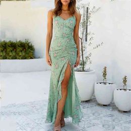 Floral Print Summer Maxi Dress Polka Dot Sleeveless Green Slit Ruffle Backless Ruched Chiffon Sundress 210427