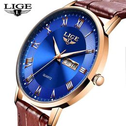 LIGE Men Watches Top Brand Luxury Ultra-Thin Sport Quartz Wrist Watch Mens Fashion Leather Waterproof Casual Clock Male 210527