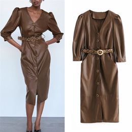 Fashion With Belted Brown Faux Leather Midi Dress Vintage V-neck Button-up Puff Sleeve Woman High Street Elegant es 210519