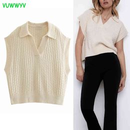 VUWWYV Beige Cropped Knitted Sweater Vest Female Spring Casual Polo Collar Women Sleeveless Chic Ladies Top 210430