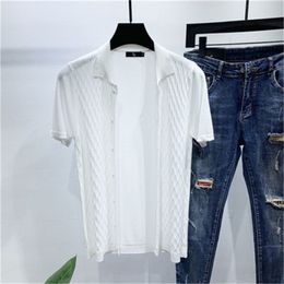 Summer thin section knitted T-shirt men's tight letter embroidery ice silk half sleeve short 210420