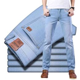 Sulee Brand Top Classic Style Men Ultra-thin Jeans Business Casual Light Blue Stretch Cotton Male Trousers 210723