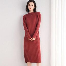 Autumn Women Dress Elegant Fashion Designer Clothes Full Sleeve Wool Knitting O-neck Jersey To Knee European Style Casual Dresses