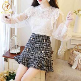 Tweed Fashion 2 Piece Set Women Sweet Mesh Long Sleeve Lace Blouse Shirt + High Waist Plaid Trumpet Mermaid Skirt Suits 210520