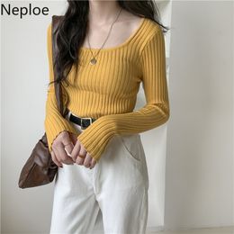 Neploe Sweaters for Women Casual O-Neck Knitted Pullovers Spring Korean Temperament Square Collar Long Sleeves Jumper Tops 4h539 210422