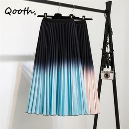 Qooth Stretch Printed Color Match Pleated Skirt Mid-Length High Flexible Waist Skirt All-Match Causal A-Line Skirt QT580 210518