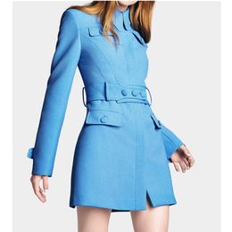 Mid-Length Suit Jacket Women's Autumn Winter 2021 Fashion New Style Solid Blue Lace-Up Waist Temperament Coat Trendy 378 X0721