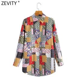 Zevity Women Vintage Cloth Patchwork Print Casual Slim Smock Blouse Office Ladies Turn Down Collar Shirt Chic Blusas Tops LS9148 210603