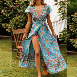 Nadafair Boho Dresses Sexy V Neck Split Beach Long Belt Elegant Party Floral Maxi Summer Dress Women Vestidos Robe Femme X0521