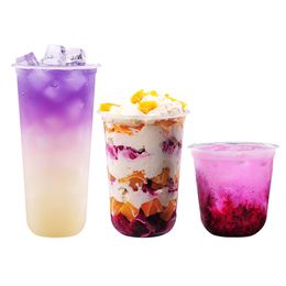 clear disposable plastic PP U shape juice cup bubble milk tea cup with several type of lid for selection DH8400