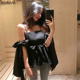 Off Sohulder Blouse Women Bow Bandage Sleeve Tops Summer Sexy Blusas Korean Chic Streetwear Solid Shirt Femme 210519