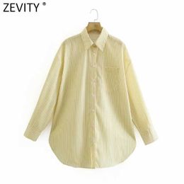 Zevity Women Vintage Single Pocket Yellow Striped Print Loose Smock Blouse Office Lady Business Shirt Chic Blusas Tops LS9030 210603