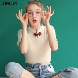 ITOOLIN Retro Ice Silk T-shirts Women Spring Summer Vintage Buckle Knit Top Female Plain Tees Kpop Slim Camisetas De Mujer 210406
