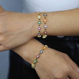2021 Korean Cute Daisy Fashion Colorful Cubic Zircon 5A Cz Rainbow Flowers Bracelet For Women Girls Jewelry
