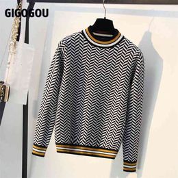 High Quality Striped Autumn Winter Women Sweater Thick Jacquard Knitted Pullover and Sweater Fashion Casual Femme Jumper 210805