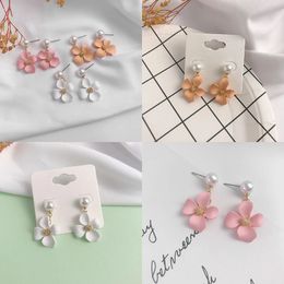 Korean Fashion Pink Flower Geometric Elegant Round Imitation Pearl Earrings for Women Students Girl Gifts Jewellery