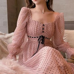 Casual Dresses French Vintage Midi Dress Women Puffer Sleeve Square Collor Office Elegant Female 2021 Autumn Dot One Piece Korean