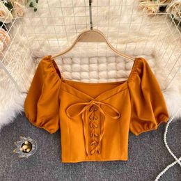 Ins Lace Lady Fashion Square Neck Short Sleeve Crop Tops Women Sexy Solid Colour Blouse Clothing Q205 210527