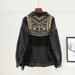 Denim Jacket Korean Floral Embroidery Suede Fringe Loose Chaquetas Mujer Coat Long Sleeve Outerwear Women Veste Femme 211014