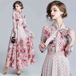 Spring Summer Fall Runway Floral Print Long Dress Ribbon Tie Neck Long Sleeve Women Party Casual Holiday Boho Maxi Dress 210409