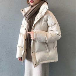 fashion solid women's winter down jacket stand collar short single-breasted coat preppy style parka ladies chic outwear female 211216