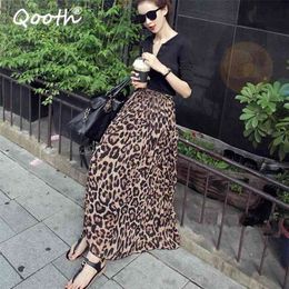 Qooth Summer Autumn Women Long Leopard Skirt Elastic Waist Chiffon Pleated Skirts Casual Maxi Beach Printed Skirt DF650 210724