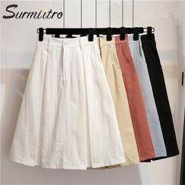 Solid Midi Skirt Women Spring Summer Knee Length High Waist School Red Blue Black White A-line Female 210421