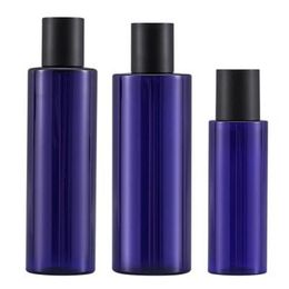 Packaging Blue Plastic Bottle Flat Shoulder PET Black Screw Lid With Inner Plug Empty Portable Cosmetic Packaging Refillable Container 100ml 200ml 250ml