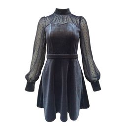 Black Navy Blue Pink Velvet Stand Collar Puff Sleeve Long Short Mini Dress Elegant Winter Autum Mesh Dot D1414 210514