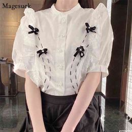 Spring Summer Bow Puff Short Sleeve Ruffled Shirt Woman Korean Sweet Elegant White Women Blouses Fashion Office Lady Tops 14276 210512
