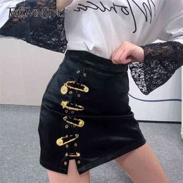 TWOTWINSTYLE Patchwork Pins Asymmetrical Women's Skirts High Waist PU Leather Casual Mini Skirt For Female Fashion Clothing 210412