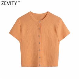 Zevity Women Simply O Neck Short Sleeve Orange Colour Short Knitted Sweater Female Chic Diamond Buttons Cardigans Coat Tops SW807 210805