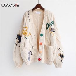 Cardigan Women Autumn Winter Outwear Lazy Sweater Embroidery Long Sleeve V-neck Single-breasted Warm Fashion Loose Lady Coat 210914