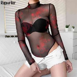 Rawpriter Sexy Transparent Mesh Dragon Bodysuit Women Summer Turtleneck Long Thumb Sleeve See Through Open Crotch 210510